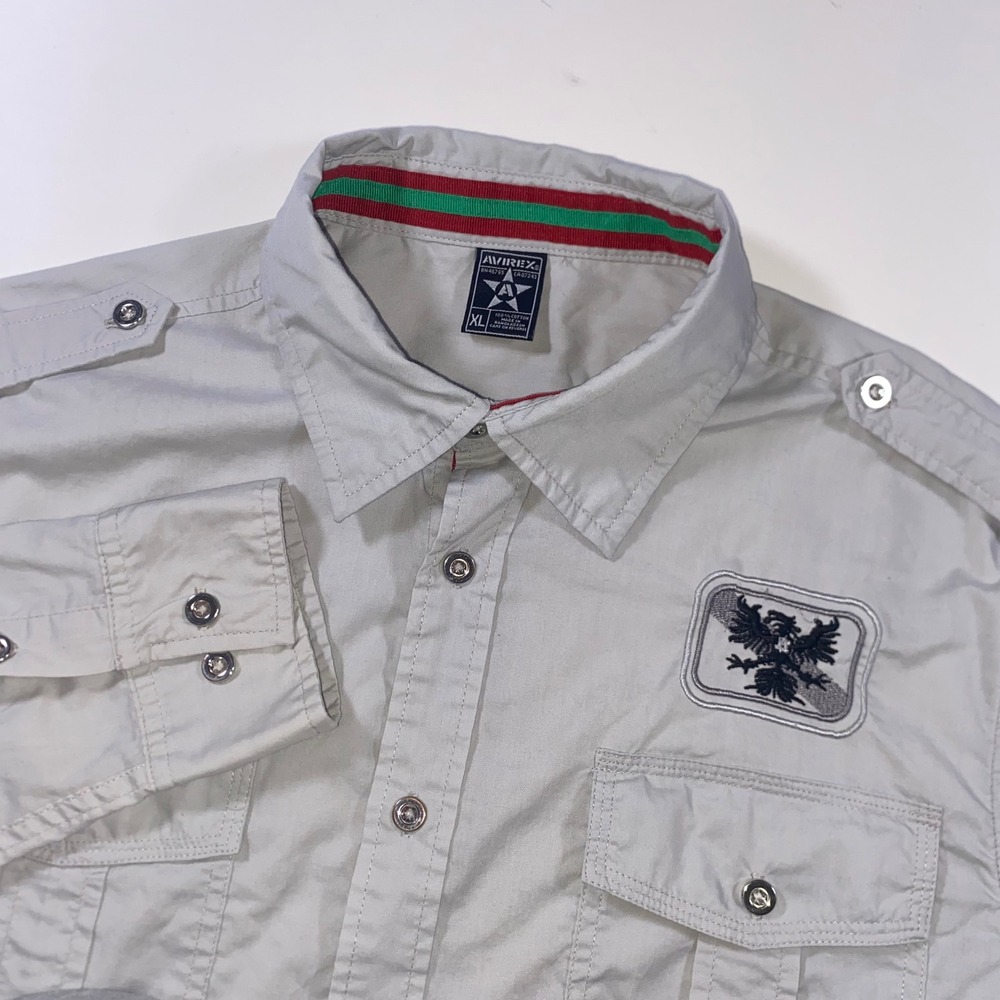 Avirex Mens Military Button Down Shirt Gray Epaulets Eagle Patch XL P204
